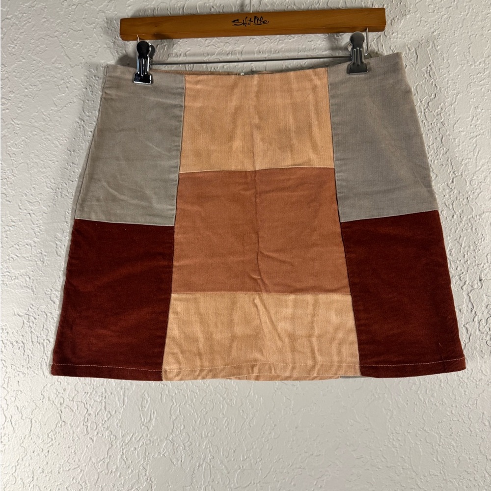 Lie Lis Boutique Patchwork Corduroy Mini Skirt - Cream, Tan, Brown Size L